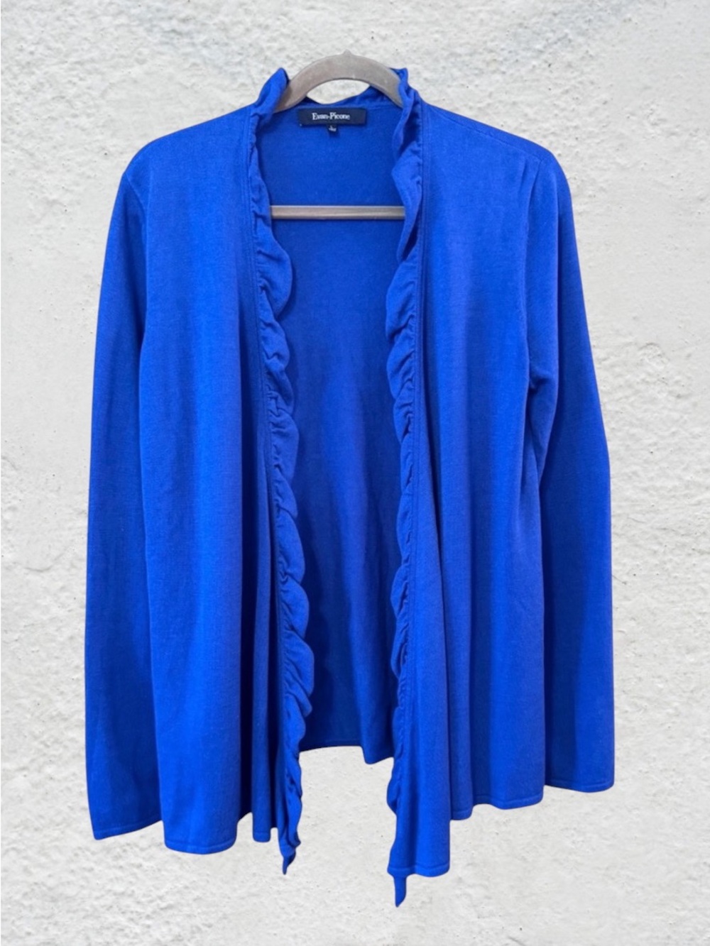 Evan Picone Royal Blue Ruffle Trim Open Front Cardigan Large Long Sleeve